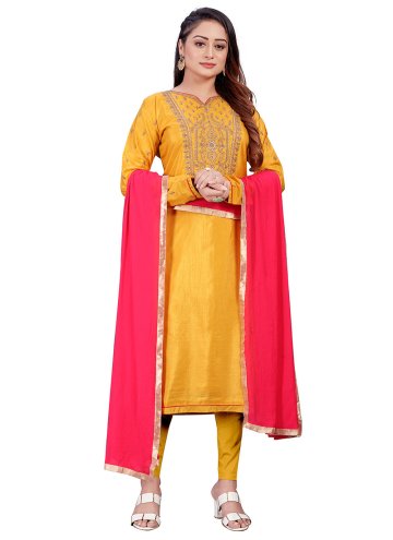 Mustard Silk Embroidered Straight Salwar Suit for 