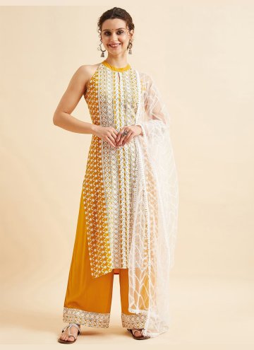 Mustard Straight Salwar Kameez in Rayon with Embro