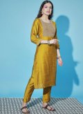 Mustard Trendy Salwar Kameez in Silk with Embroidered - 2