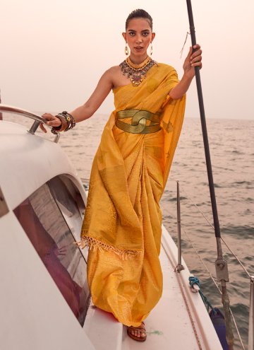 Mustard Trendy Saree in Satin with Woven