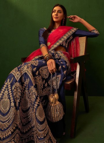 Navy Blue A Line Lehenga Choli in Silk with Embroidered