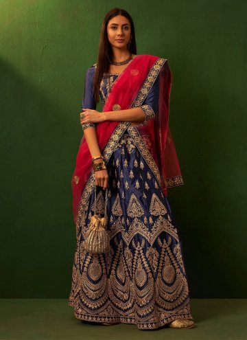 Navy Blue A Line Lehenga Choli in Silk with Embroi