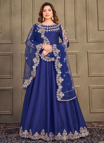 Navy Blue Anarkali Salwar Kameez in Art Silk with 