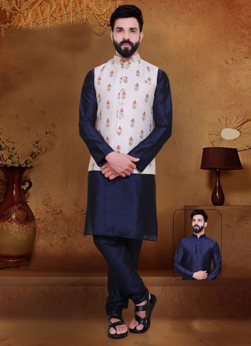 Navy Blue and Off White Kurta Payjama With Jacket in Silk with Fancy work