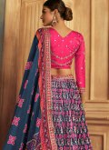 Navy Blue and Pink color Embroidered Silk A Line Lehenga Choli - 1