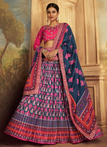 Navy Blue and Pink color Embroidered Silk A Line L