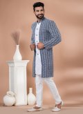 Navy Blue and White Banarasi Embroidered Indo Western for Engagement - 1