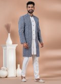 Navy Blue and White Banarasi Embroidered Indo Western for Engagement - 2