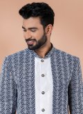 Navy Blue and White Banarasi Embroidered Indo Western for Engagement - 4