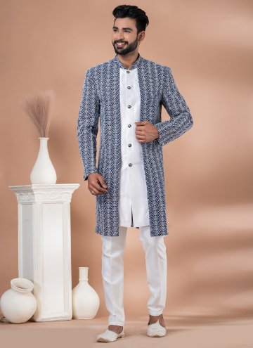Navy Blue and White Banarasi Embroidered Indo Western for Engagement