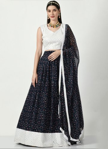 Navy Blue and White color Faux Georgette A Line Lehenga Choli with Embroidered
