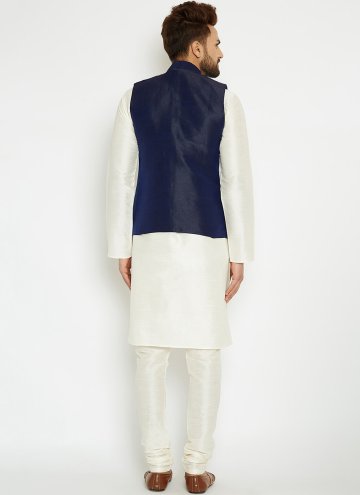 Navy Blue and White Kurta Payjama With Jacket in Art Dupion Silk with Fancy work