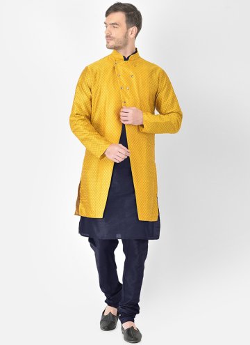 Navy Blue and Yellow color Fancy work Art Dupion Silk Kurta Payjama With Jacket