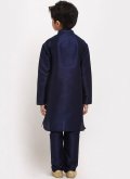 Navy Blue Art Dupion Silk Plain Work Kurta Pyjama - 2