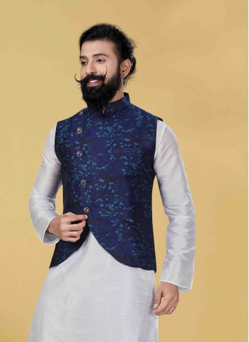 Navy Blue Art Silk Printed Nehru Jackets for Cerem