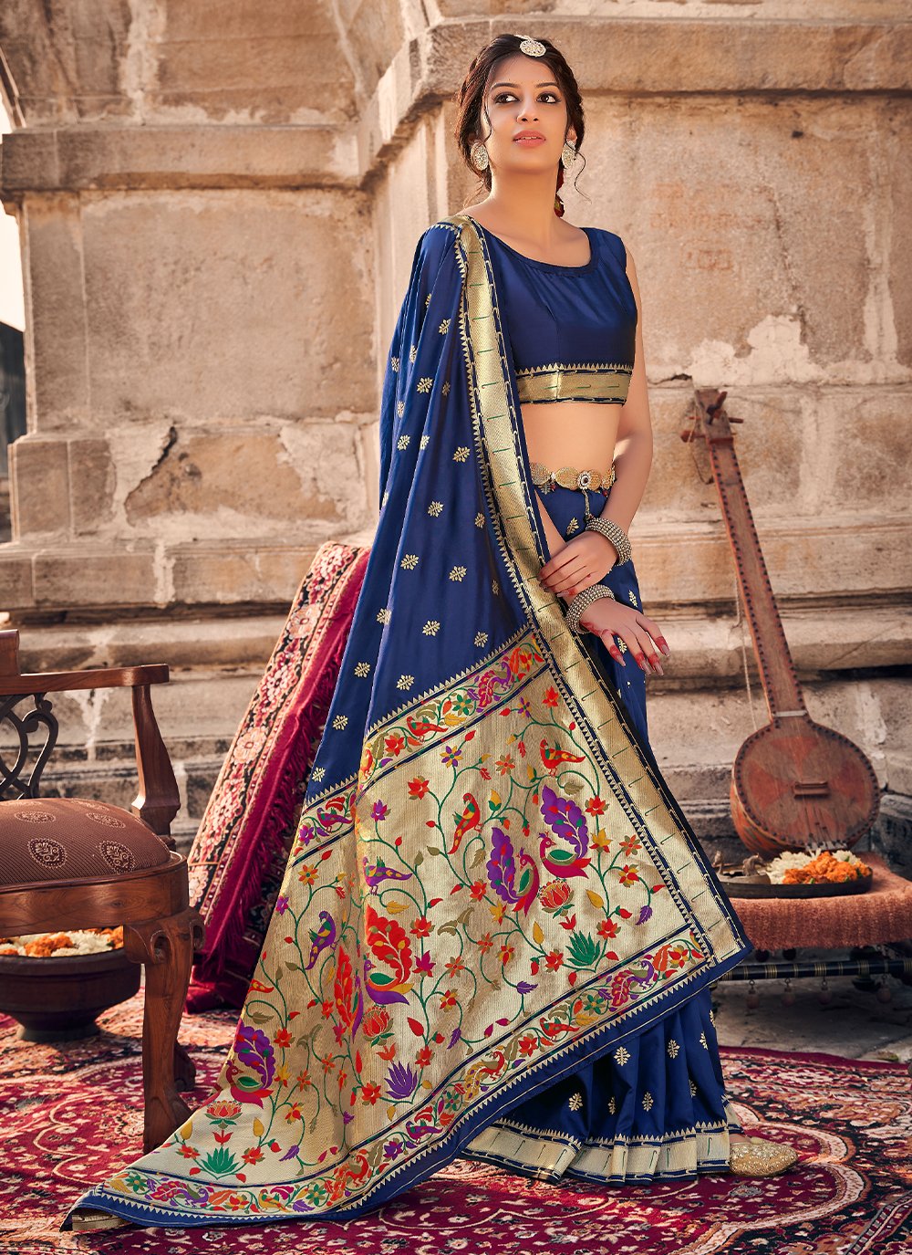 Navy Blue Banarasi Woven Classic Designer Saree for Wedding