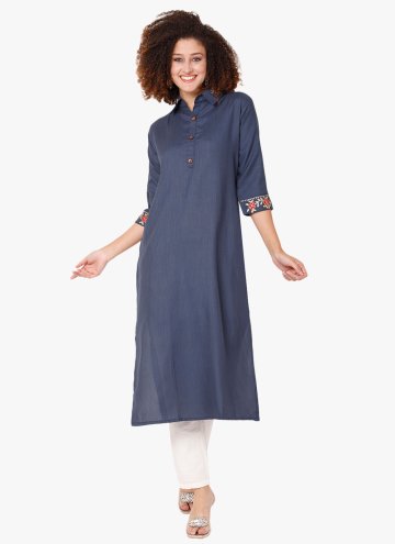 Navy Blue Blended Cotton Embroidered Party Wear Ku