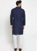 Navy Blue Blended Cotton Plain Work Kurta Pyjama for Engagement - 2