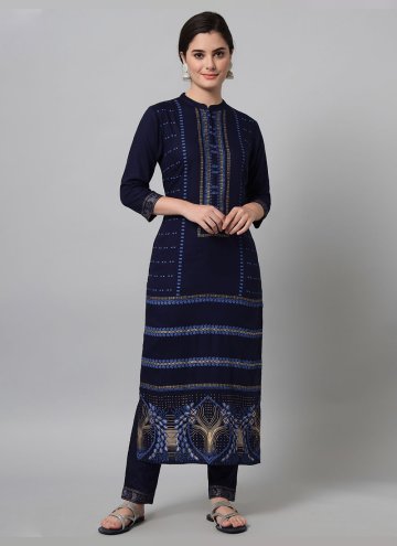 Navy Blue Casual Kurti in Rayon with Printed