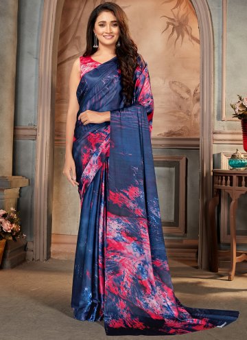 Navy Blue Casual Saree in Faux Crepe with Print