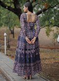 Navy Blue Chanderi Digital Print Gown for Casual - 1