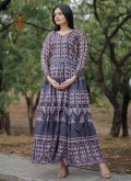 Navy Blue Chanderi Digital Print Gown for Casual - 2