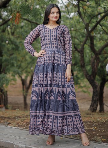 Navy Blue Chanderi Digital Print Gown for Casual