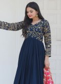 Navy Blue Chiffon Embroidered Gown for Ceremonial - 1