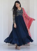 Navy Blue Chiffon Embroidered Gown for Ceremonial - 2