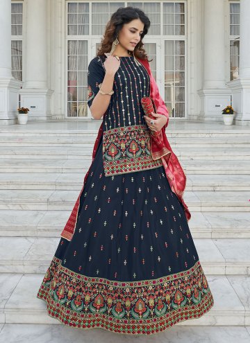 Navy Blue Chinon Embroidered A Line Lehenga Choli for Ceremonial