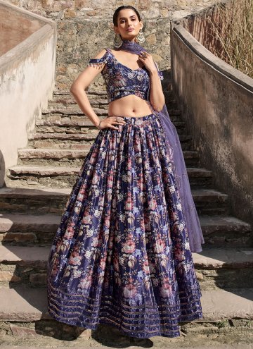 Navy Blue Chinon Embroidered A Line Lehenga Choli for Engagement