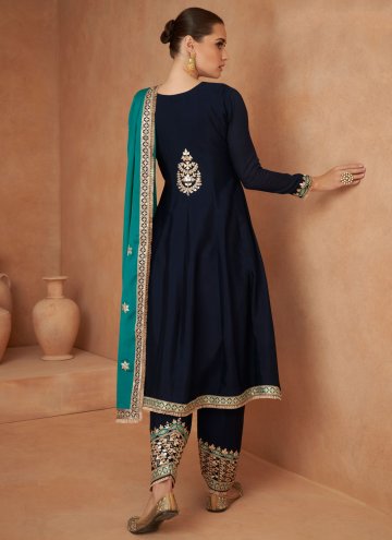 Navy Blue Chinon Embroidered Salwar Suit for Ceremonial