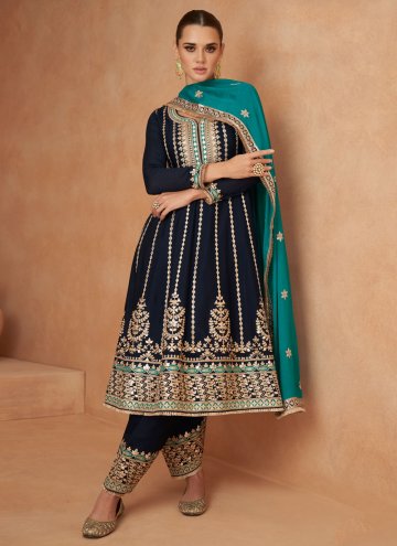 Navy Blue Chinon Embroidered Salwar Suit for Cerem