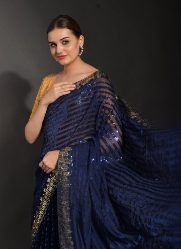 Navy Blue Classic Designer Saree in Georgette with Embroidered