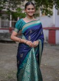 Navy Blue Classic Designer Saree in Silk with Woven - 1