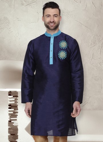 Navy Blue color Art Dupion Silk Kurta with Embroidered