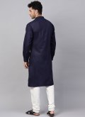 Navy Blue color Blended Cotton Kurta Pyjama with Plain Work - 1