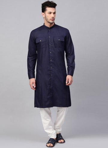 Navy Blue color Blended Cotton Kurta Pyjama with P