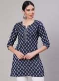 Navy Blue color Cotton  Party Wear Kurti with Printed - 1