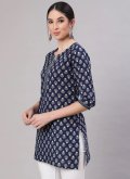 Navy Blue color Cotton  Party Wear Kurti with Printed - 3