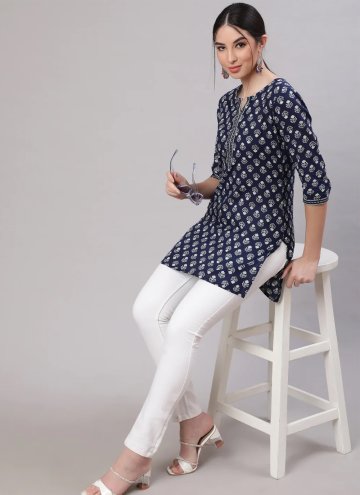 Navy Blue color Cotton  Party Wear Kurti with Prin