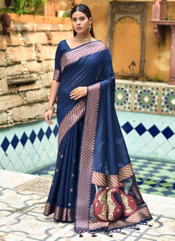 Navy Blue color Cotton Silk Designer Saree with Wo