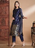 Navy Blue color Cotton Silk Salwar Suit with Jacquard Work - 2