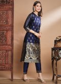 Navy Blue color Cotton Silk Salwar Suit with Jacquard Work - 3