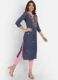 Navy Blue color Embroidered Cotton  Casual Kurti - 2