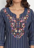 Navy Blue color Embroidered Cotton  Casual Kurti - 3