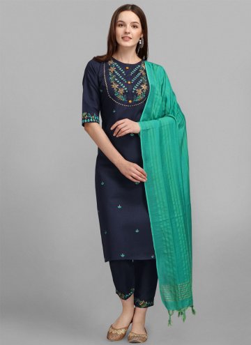 Navy Blue color Embroidered Cotton  Pant Style Suit