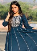 Navy Blue color Embroidered Cotton  Readymade Designer Gown - 1
