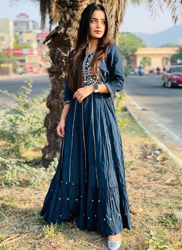 Navy Blue color Embroidered Cotton  Readymade Designer Gown