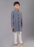 Navy Blue color Embroidered Cotton Silk Kurta Pyjama - 2